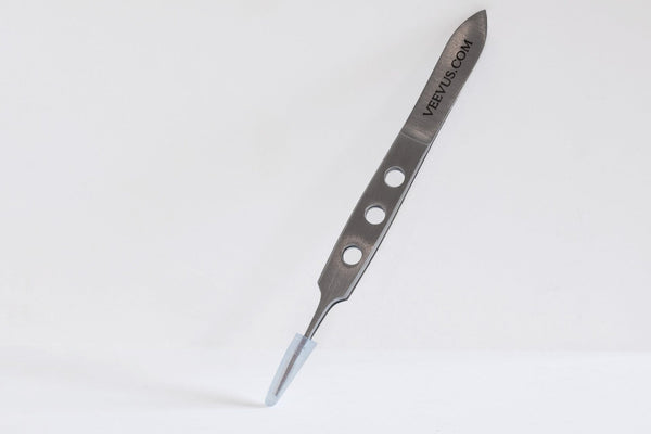 VEEVUS branded stainless steel tweezer with three holes in the handle and a blue protective tip cover.